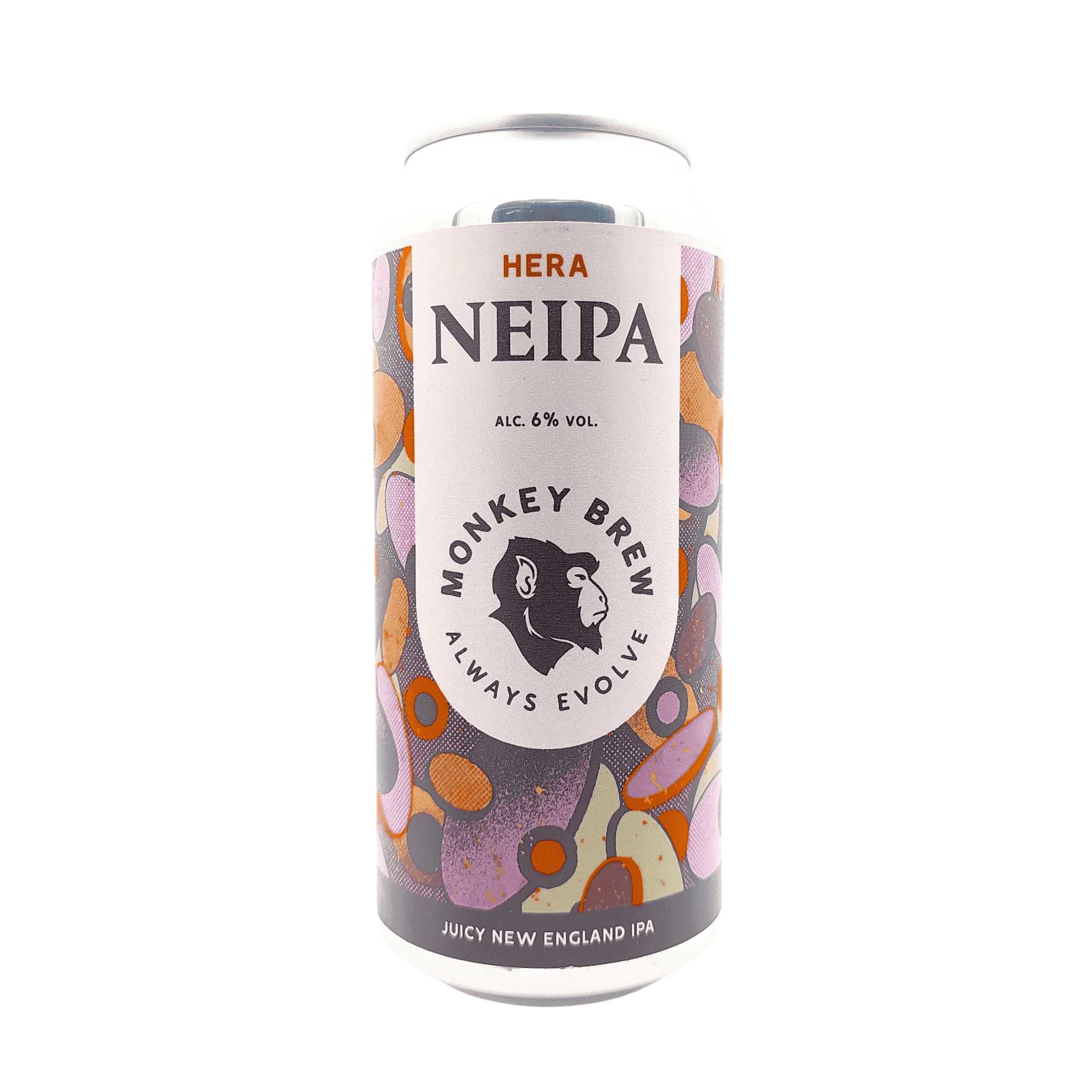 Hera NEIPA van Monkey Brew met lichtroze, oranje en donkerpaars etiket