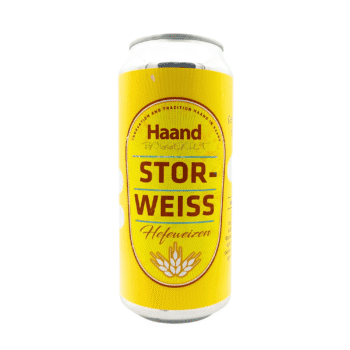Storweiss tarwebier van HaandBryggeriet met geel, rood en lichtoranje etiket