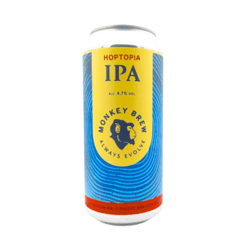 Hoptopia gluten free session IPA van Monkey Brew met felblauw, geel en rood etiket