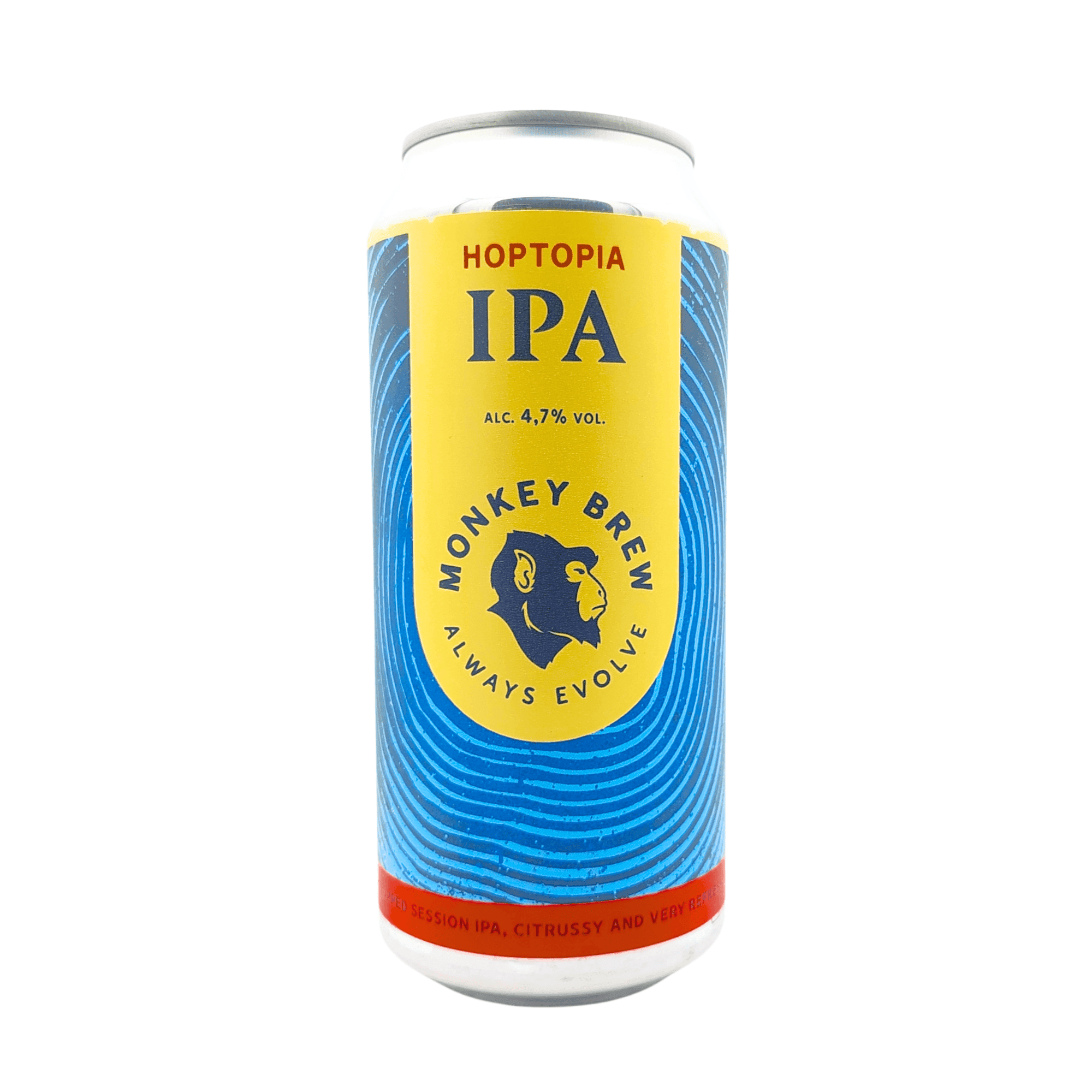 Hoptopia gluten free session IPA van Monkey Brew met felblauw, geel en rood etiket