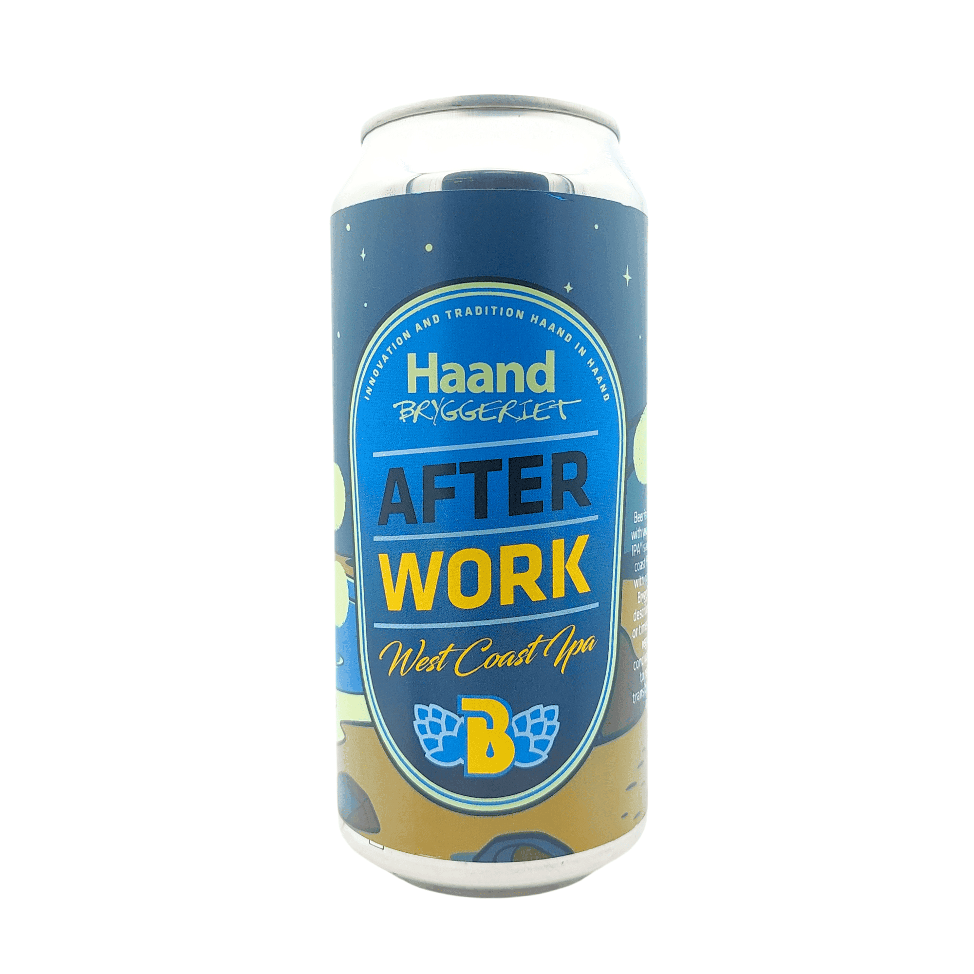 Afterwork American IPA van HaandBryggeriet met donkerblauw, felblauw en geel etiket