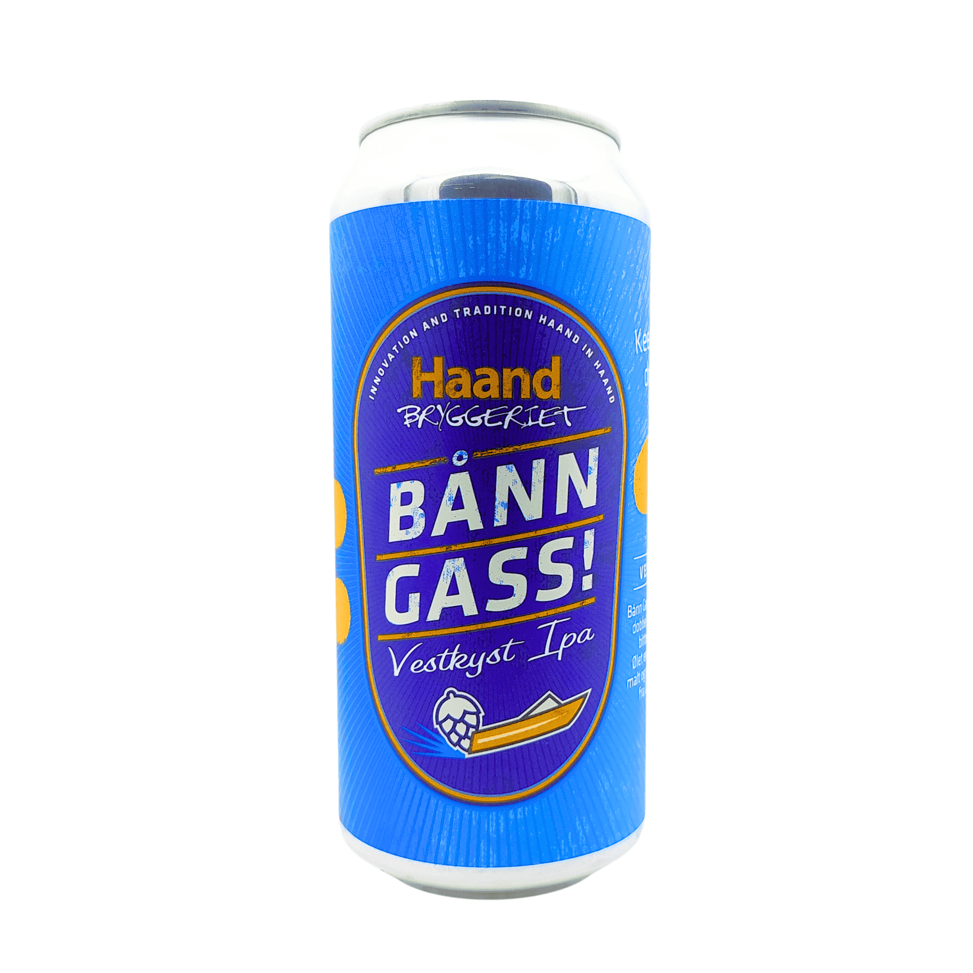 Bånn Gass! Imperial / Double IPA van HaandBryggeriet met felblauw, donkerblauw en oranje etiket