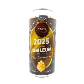 Jubileum 2025 NEIPA van HaandBryggeriet met goud en twee donkere bruintinten etiket