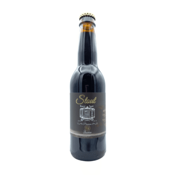 Barrel Aged Heaven Hill Bourbon stout met zwart, wit en houtkleurig etiket