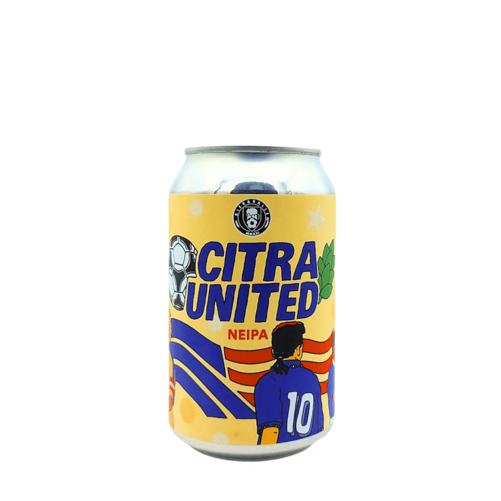 Citra United NEIPA van Brouwerij Bier & Ballen met lichtgeel, fel donkerblauw en rood etiket