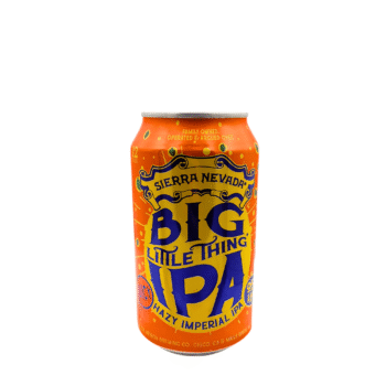 Big Little Thing Hazy Imperial IPA met oranje, geel en donkerblauw/paars etiket