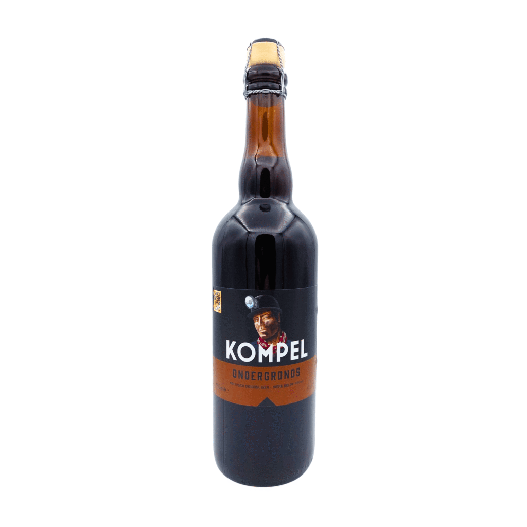 Kompel Ondergronds donker bierfles met zwart, wit en donkerbruin label