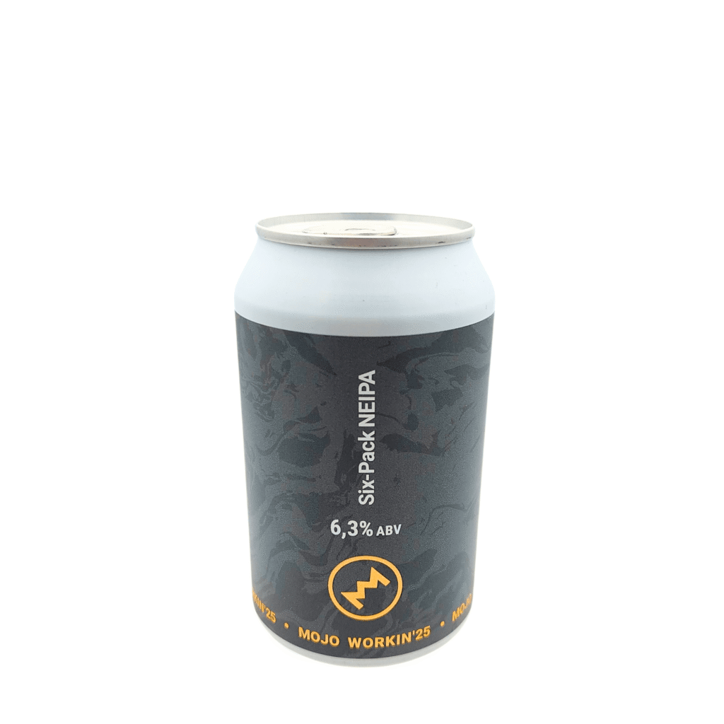MOJO WORKIN’25 Six-Pack NEIPA met lichtgrijs, donkergrijs en goud etiket