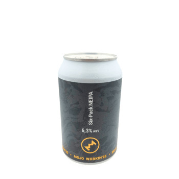 MOJO WORKIN’25 Six-Pack NEIPA met lichtgrijs, donkergrijs en goud etiket