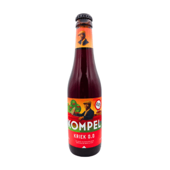 Kompel Kriek 0.0 alcoholvrij bier met rood, groen en oranje label