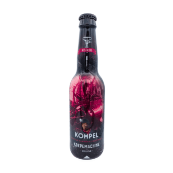 Kompel Koepemachine Batch 17 kriekbier met zwart, wit en rouge label