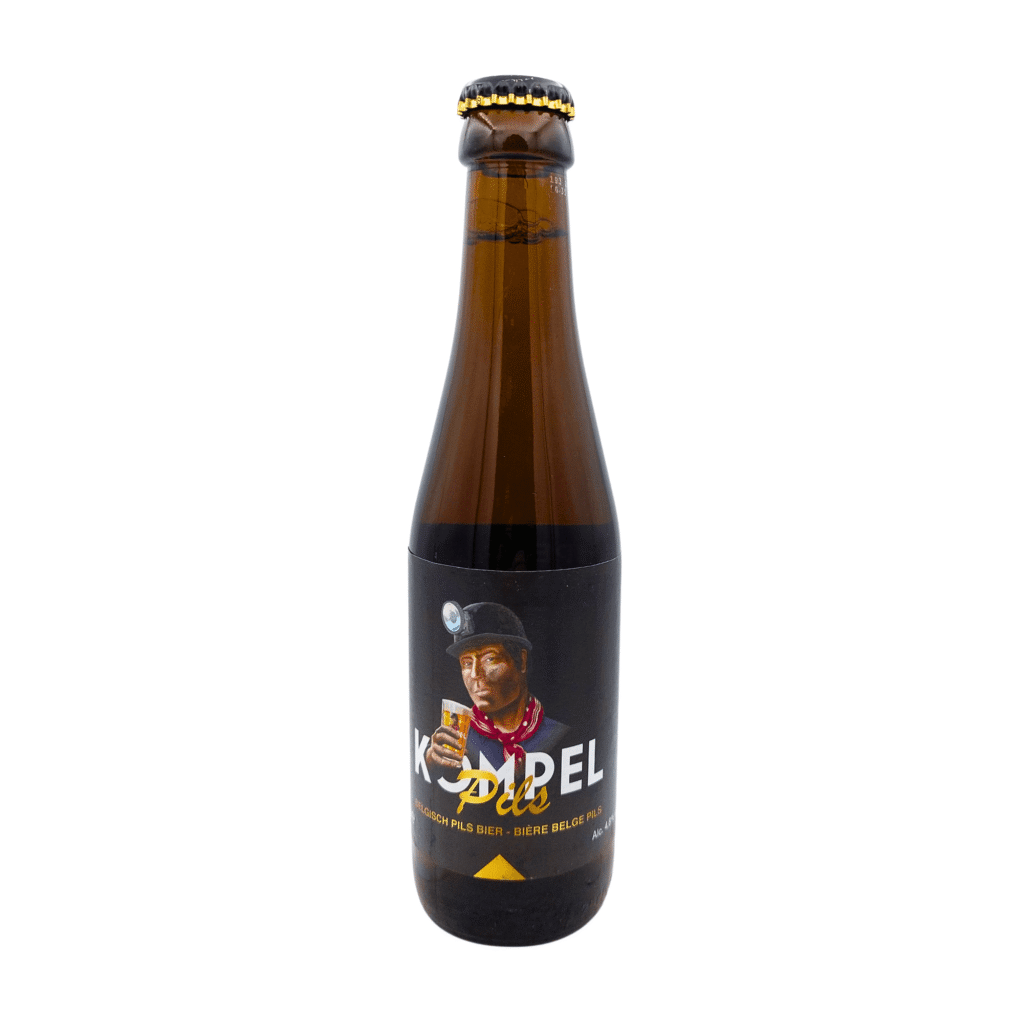 Kompel Pils bierfles met zwart, wit en goud label