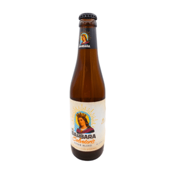 St. Barbara Salvatoris bierfles met blauw, oranje en bruin label