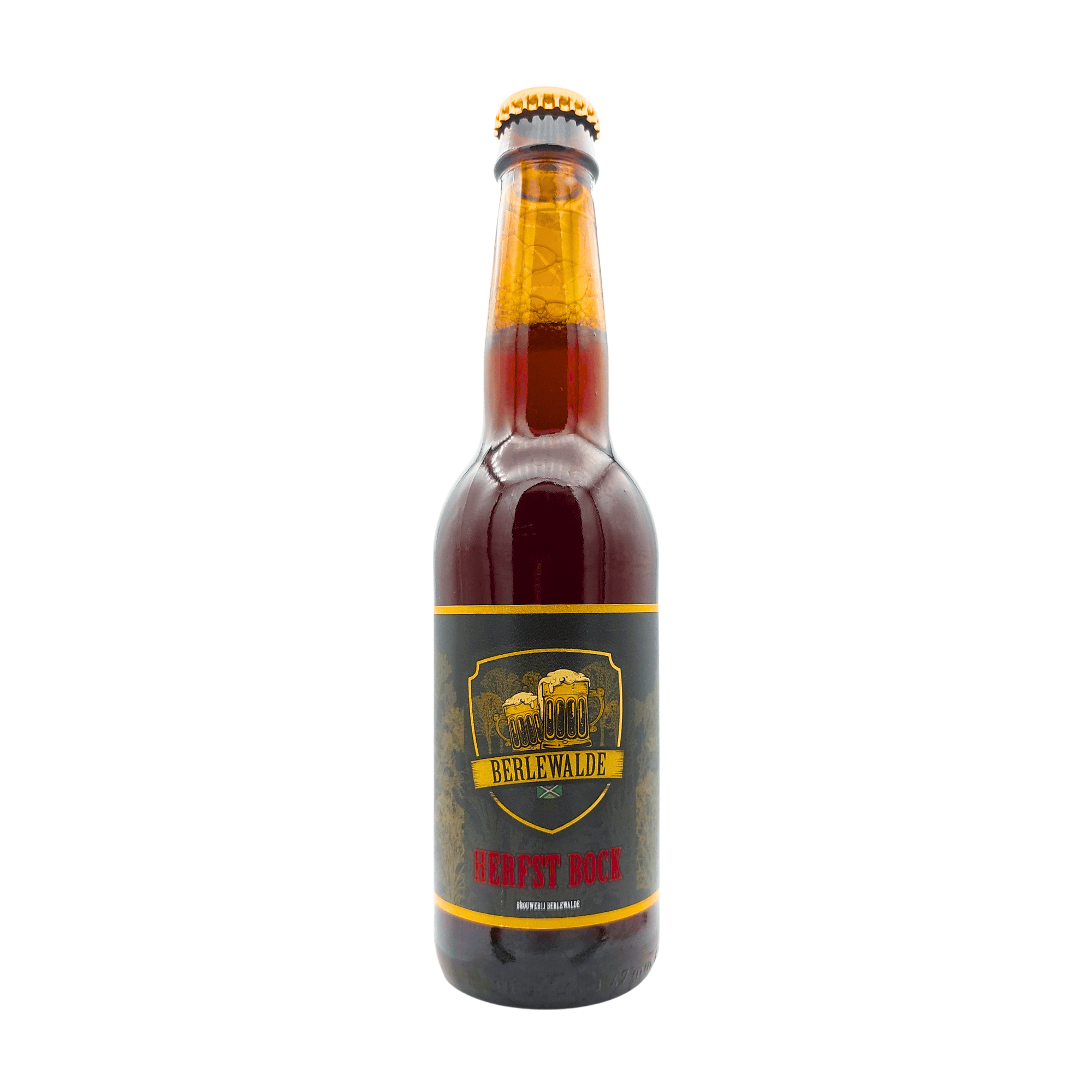 Berlewalde Herfstbock bierfles met bruin, geel en rood label