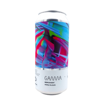 Resplendent hazy triple IPA blik met fel roze, blauw en paars label