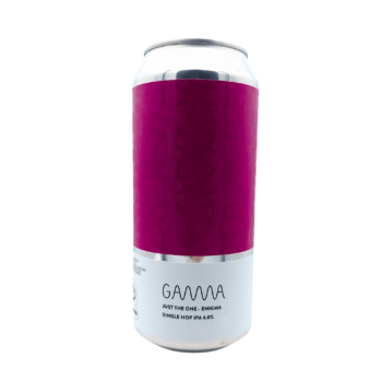 Just the One Enigma hazy IPA blik met wit en donkerroze label