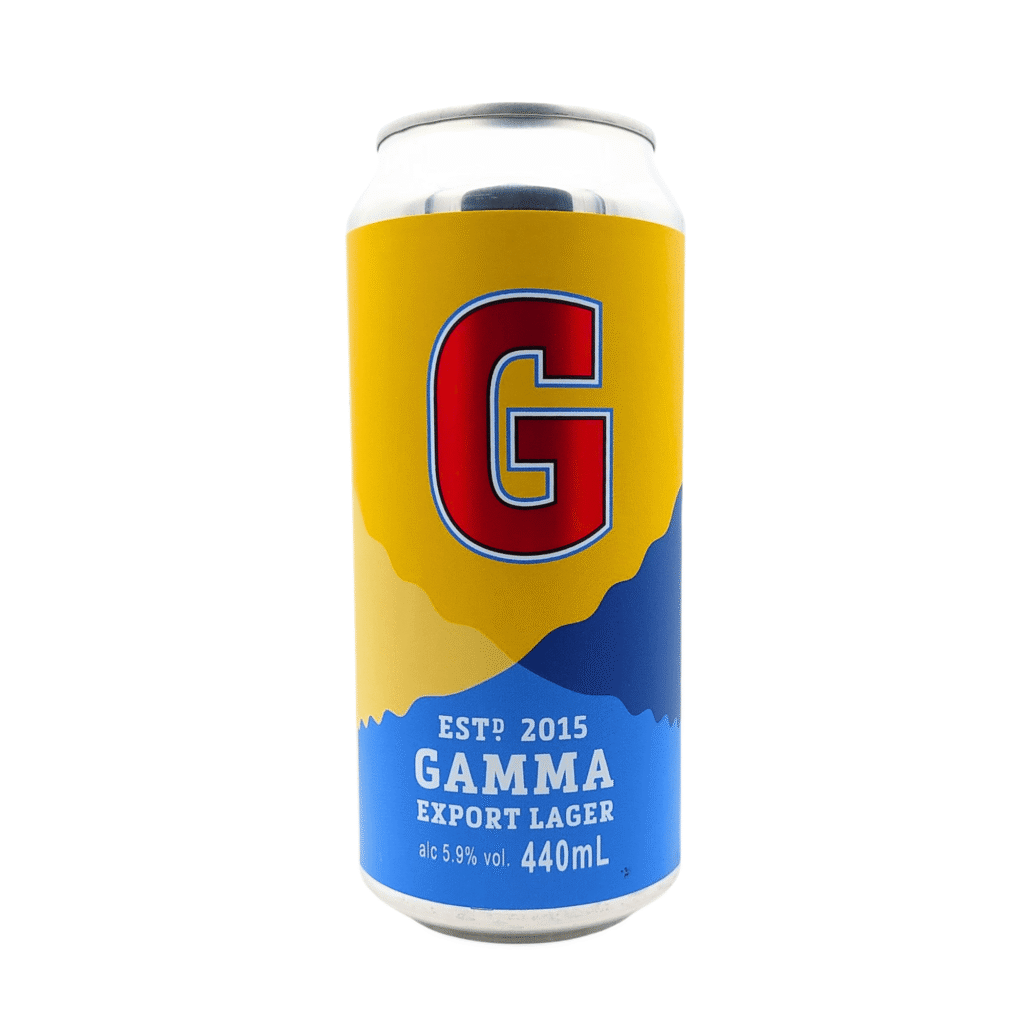 Export Lager blik met geel, blauw en rood label