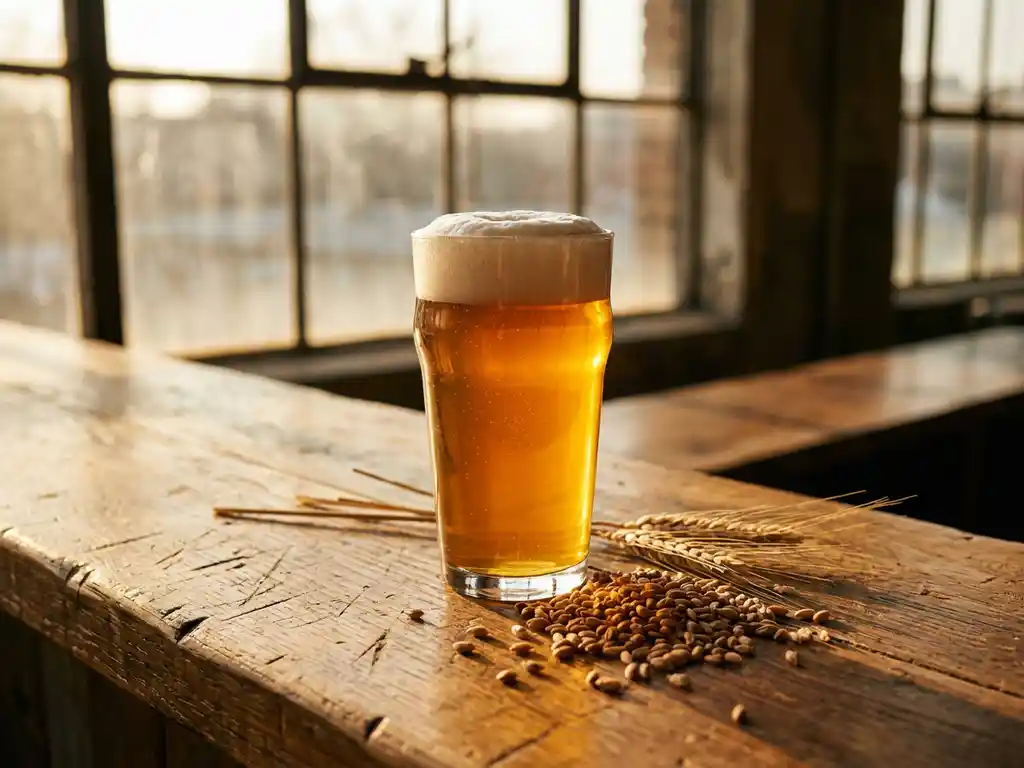 Glas gouden alcoholvrij bier met witte schuimkraag op houten bar naast tarwe en gerst, zonlicht door brouwerijraam