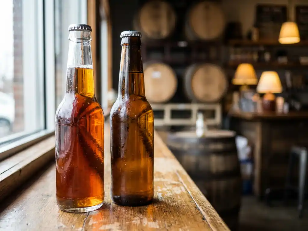 Amberen craftbier fles naast bleke lager op rustieke houten bar, natuurlijk licht benadrukt gouden tinten