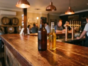 Recepten en Blog 2 Twee bierflessen, een lange amber IPA en korte gouden lager, op rustieke houten bar in warme brouwerijverlichting