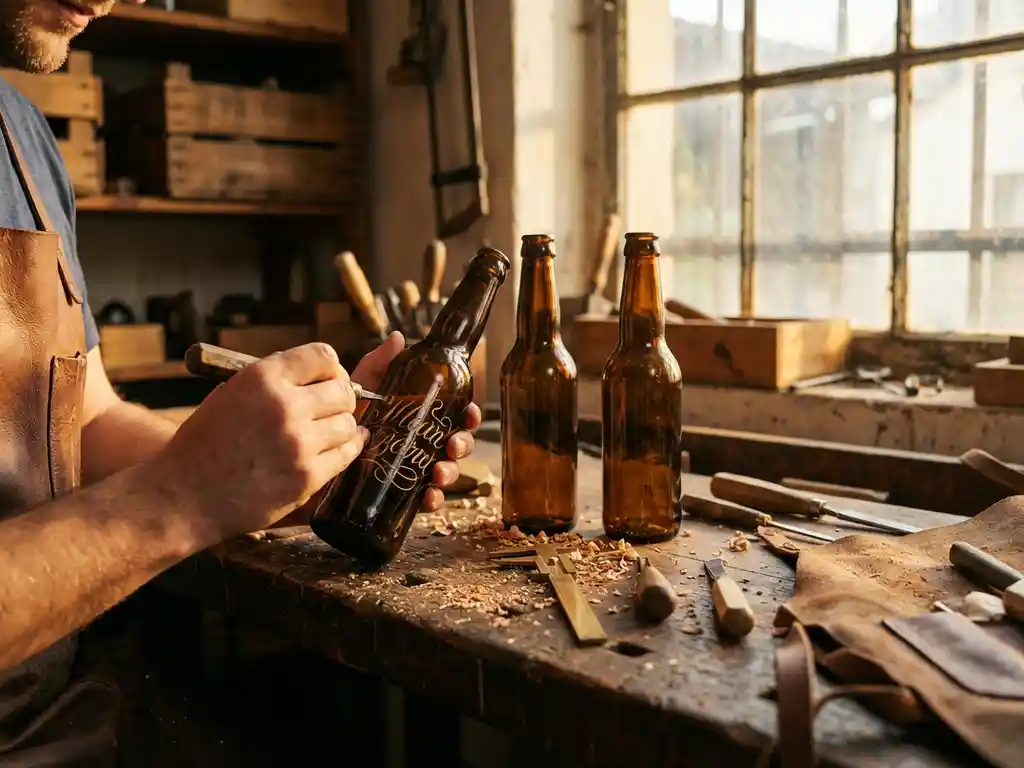 Houten werkbank met drie ambachtelijke bierflesjes die gegraveerd worden, vintage graveergereedschap en houtkrullen in gouden werkplaatslicht