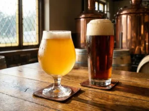 Recepten en Blog 5 Kristalhelder IPA-glas met gouden bier naast amber lager op rustieke houten bar, condensdruppels in warm middaglicht