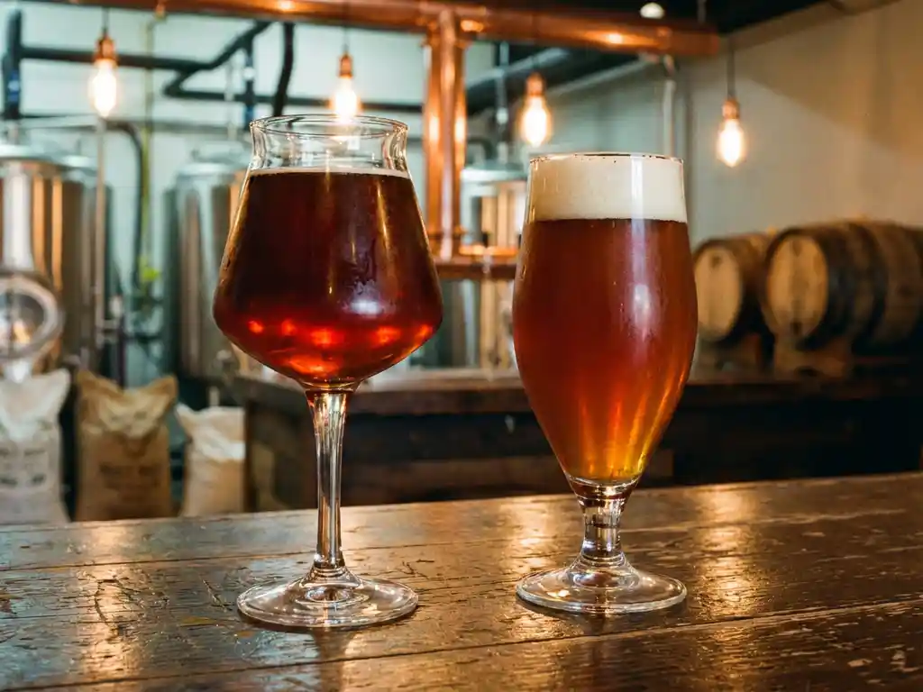 Twee elegante bierglazen op rustieke houten bar, gevuld met donkeramber rode ale en koperkleurige IPA met schuimkraag