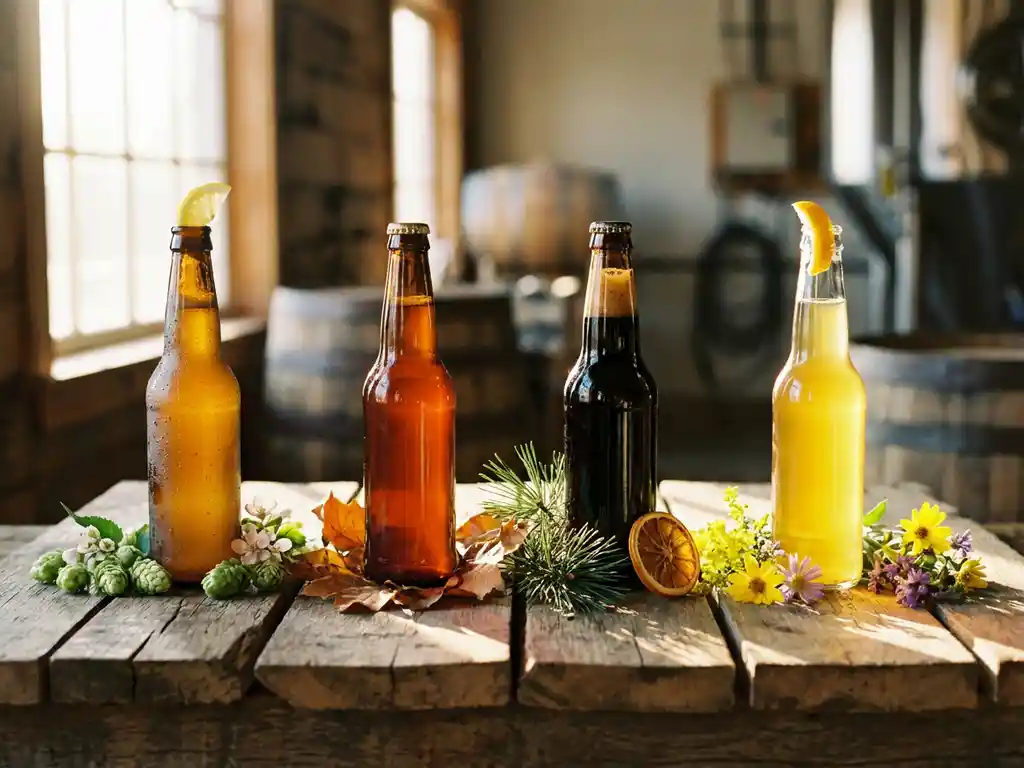Vier seizoensbieren op verweerde eiken planken met tarwebier, amber ale, donkere stout en pale ale omringd door hop, herfstbladeren, dennentakken en lentebloemen