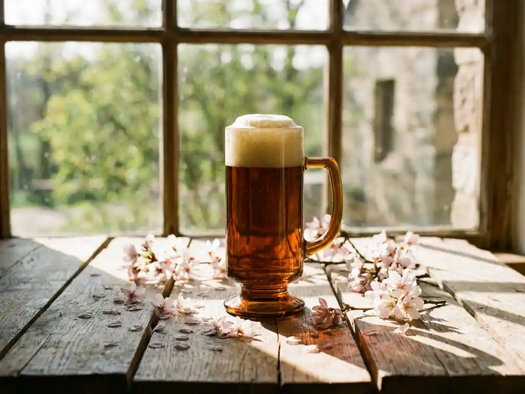 Amber bockbierglas met gouden bier en witte schuimkraag op verweerde eiken planken, omringd door kersenbloesems in warm zonlicht