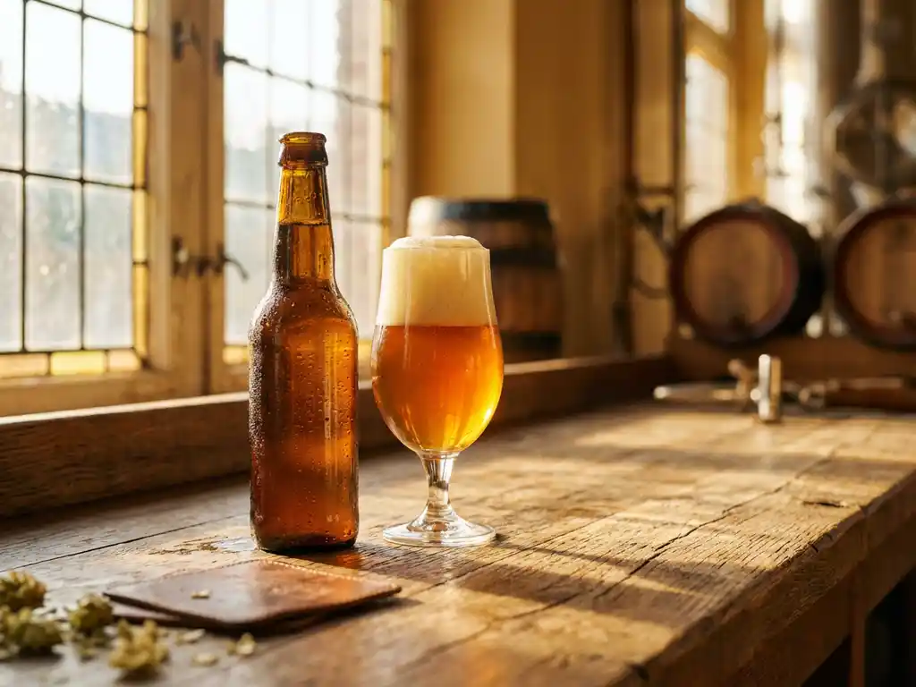 Amberen craftbier fles met condensdruppels naast gevuld tulpglas op verweerd eikenhout, warme middagzon door brouwerij raam