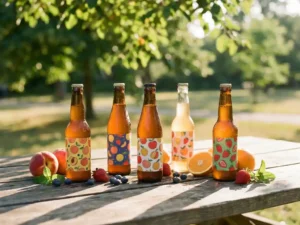 Recepten en Blog 6 Vijf ambachtelijke bierflessen met fruitige etiketten op houten picknicktafel, omringd door verse perziken, bessen en citrusschijfjes in gouden zonlicht