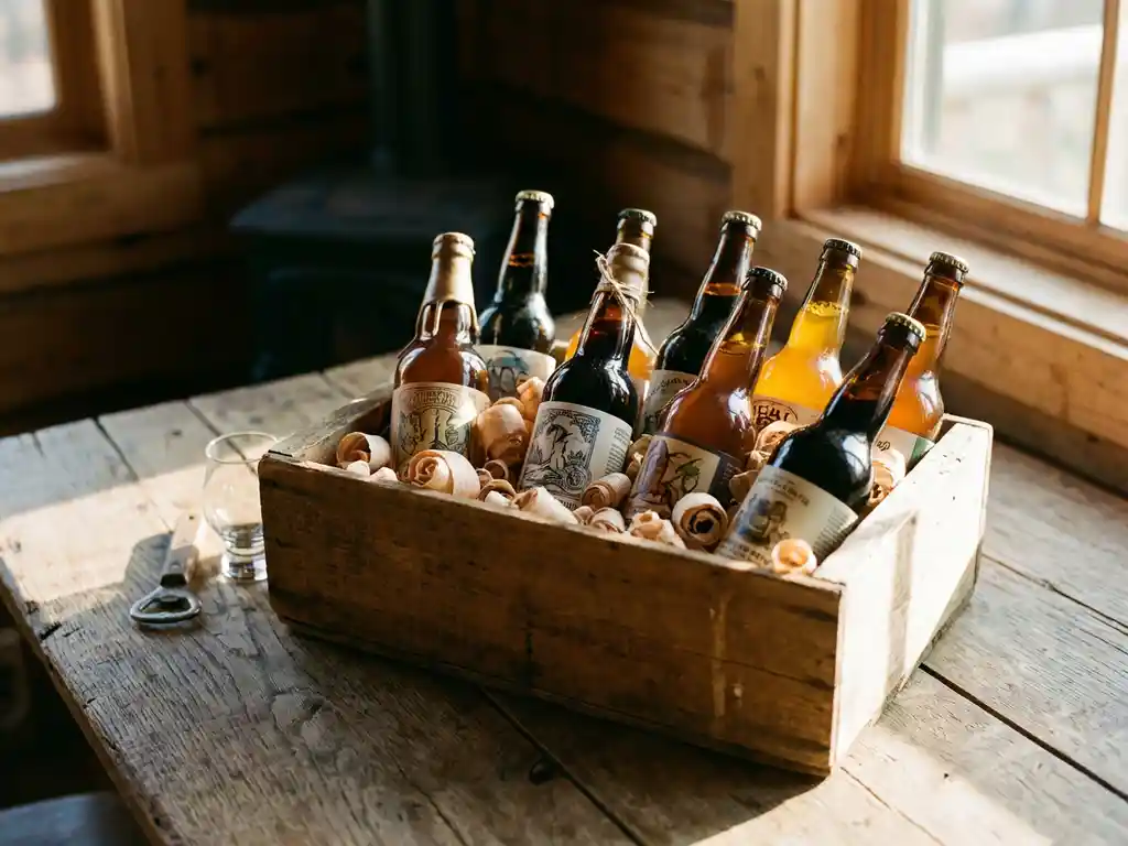 Rustieke houten geschenkdoos vol ambachtelijke bierflesjes in amber en gouden tinten met natuurlijke houtkrullen en opener