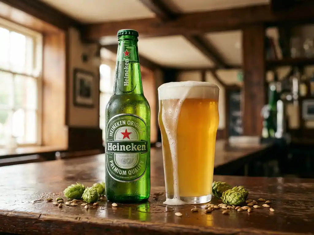 Heineken fles en glas met gouden IPA bier op rustieke houten bar met hopbellen en gerstkorrels