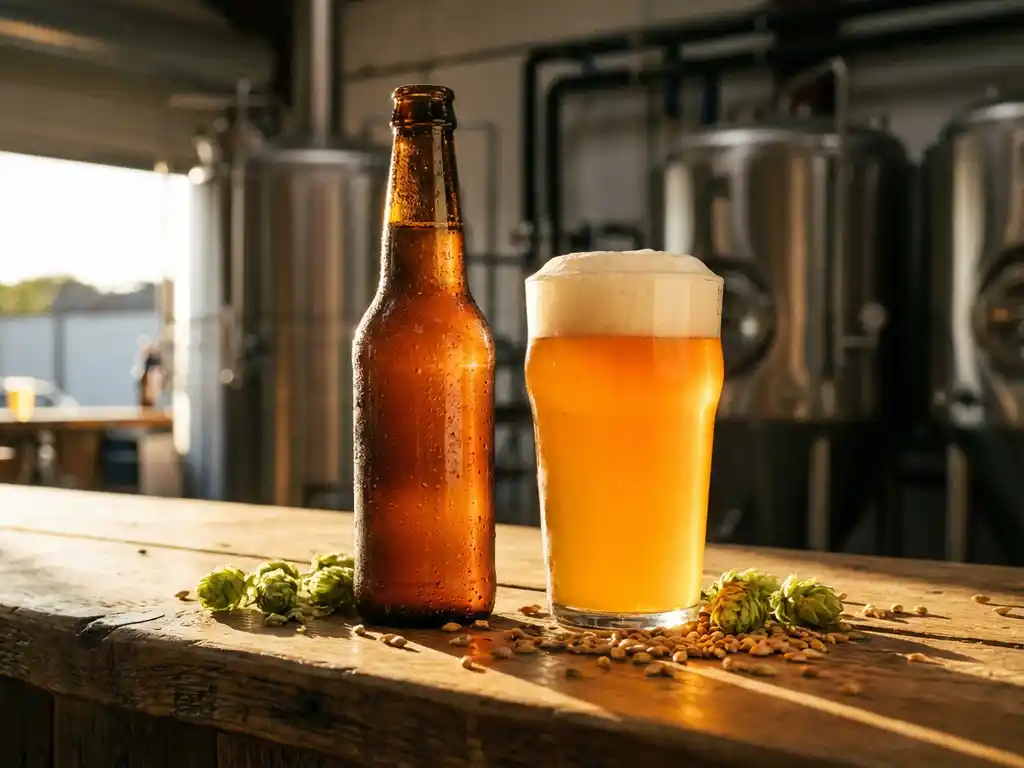 Gekoelde amber IPA fles met condensdruppels naast gevuld glas met goudoranje bier en roomwitte schuimkraag op houten bar