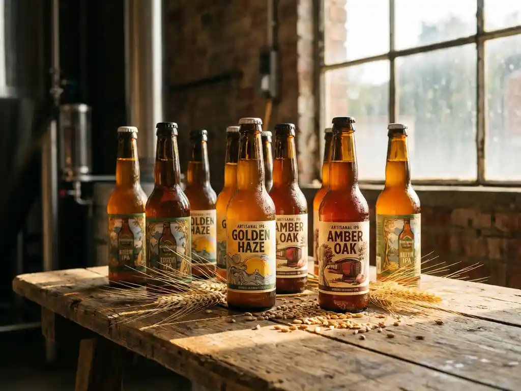 Amberen IPA-flessen op rustieke houten brouwerijstafel met verspreide gerst korrels in warm zonlicht