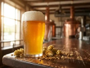 Recepten en Blog 4 Gouden IPA bierglas met schuimkraag op houten bar, hopbellen en gerstkorrels, warme zonnestralen door brouwerij raam