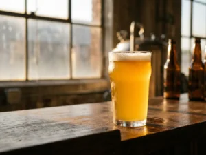 Glas goudkleurig IPA-bier met witte schuimkraag op rustieke houten bar, condensdruppels en warme zonnestralen