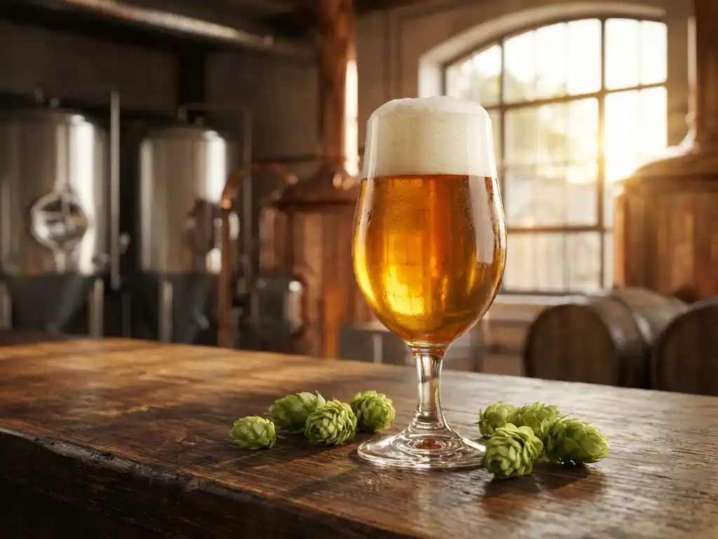 IPA-bierglas met gouden bier en schuimkraag op houten bar, verse hopbellen eromheen, zonlicht door brouwerijraam