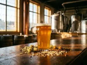 Recepten en Blog 1 Amber glas gevuld met gouden IPA bier op rustieke houten bar, omringd door hopbellen en gerstemout in brouwerij