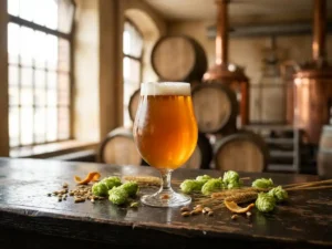 Recepten en Blog 1 Gouden IPA-bierglas gevuld met ambachtelijk bier op rustieke houten bar, omringd door verse hopbellen en gerst