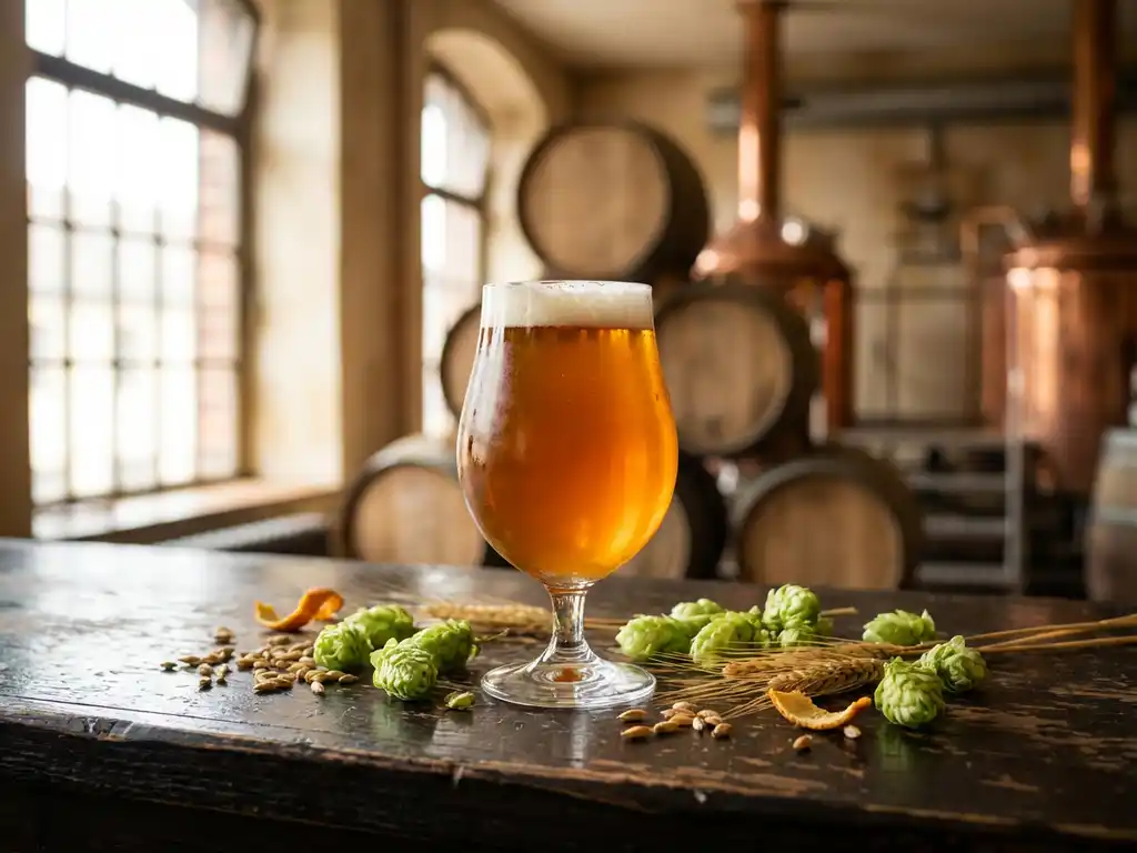 Gouden IPA-bierglas gevuld met ambachtelijk bier op rustieke houten bar, omringd door verse hopbellen en gerst