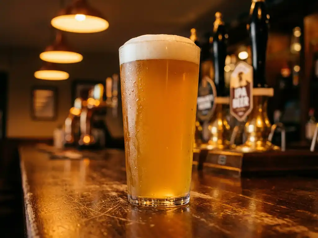 Glas gouden IPA bier met witte schuimkraag op rustieke houten bar, condensdruppels op glas, warme brouwerijverlichting
