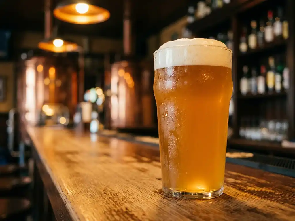 Gouden IPA-bier met witte schuimkraag op rustieke houten bar, condensdruppels in warme kroegverlichting