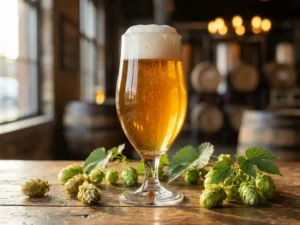 Recepten en Blog 5 Vers getapt IPA bier in tulpglas met romige schuimkraag, hopbellen en verse hopbloemen op rustieke houten brouwerstafel