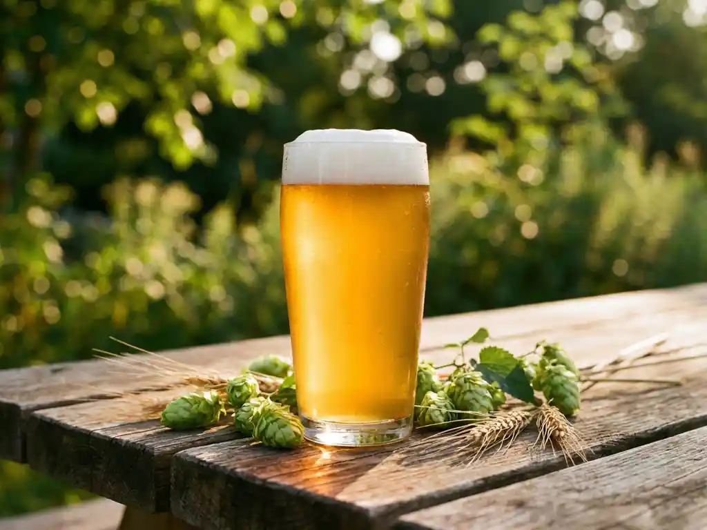 Gouden IPA-bier met witte schuimkraag op houten picknicktafel, omringd door verse hopbellen en gerststengels