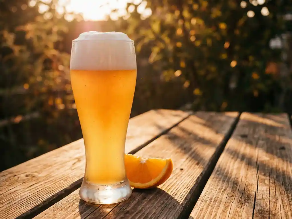 Gouden tarwebier in elegant glas op verweerd hout met citroenpartje, condensdruppels en warme zomerzon