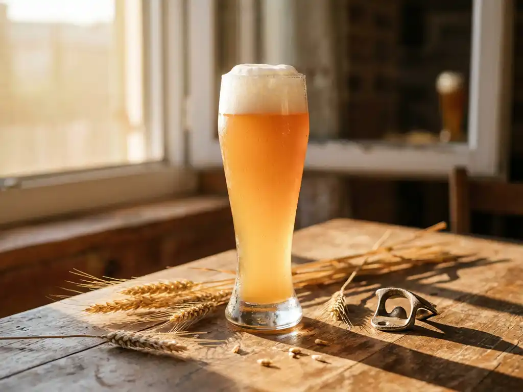 Glas tarwebier met witte schuimkraag op rustieke houten tafel, condensdruppels en tarwekorrels, warm zonlicht