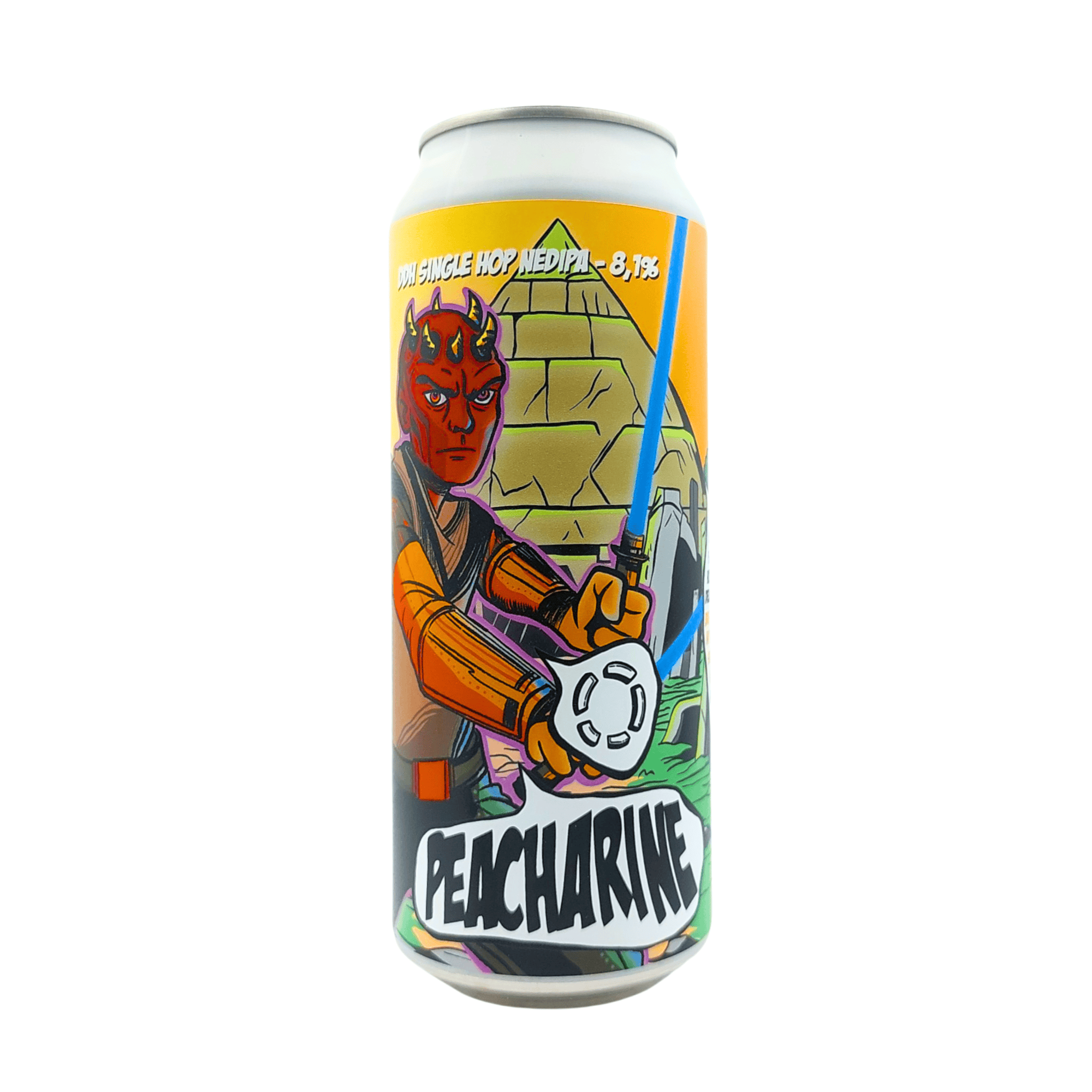 Peacharine IPA geel label met rood en blauw