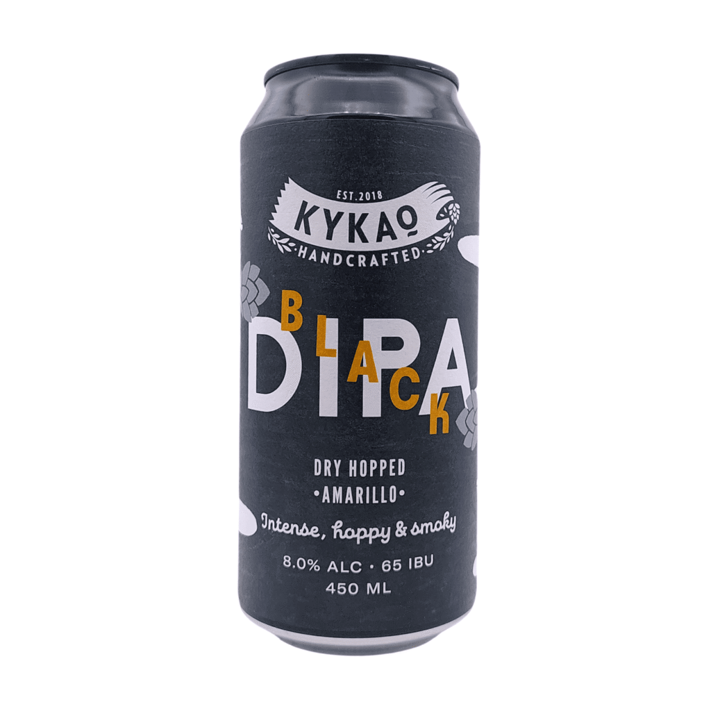 Kykao Black DIPA blik 450 ml, een Imperial Double Black IPA van 8% met 65 IBU, dry hopped met Amarillo.