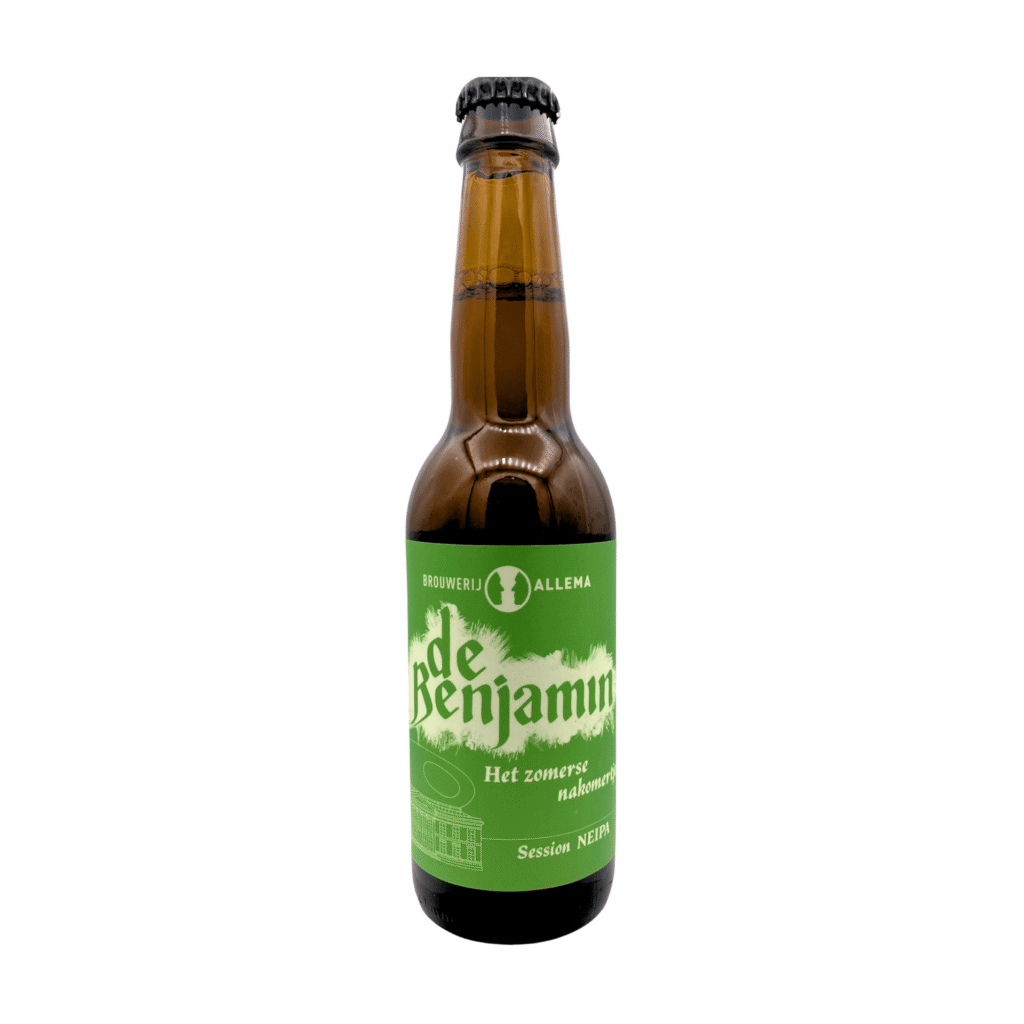 Brouwerij Allema Benjamin fles, een Session New England / Hazy IPA van 3,8% met groen etiket.